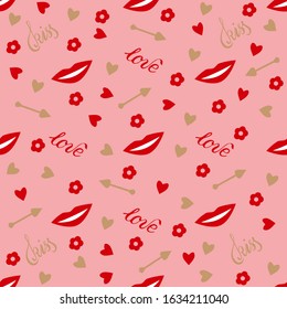 Seamless background with hearts, lips, flowers. Yappy Valentine day.