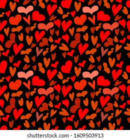 Seamless background with hearts on black background. Vector illustration. Valentine's day background. February 14. Packaging for holiday gift. Red heart