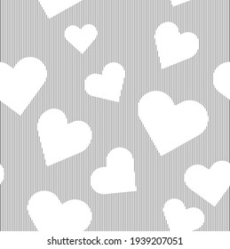 Seamless background of hearts and parallel lines that disappear when intersecting with the shapes. Something like an optical illusion. Can be used as a background or as a graphic or web design element