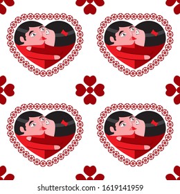 Seamless background with hearts of people kissing hugging on a white background. Vector image. EPS 10