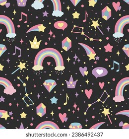 Seamless background with hearts, rainbows, stars, diamonds, crowns. Creative background for nursery. Perfect for kids design, fabric, packaging, wallpaper, textile, apparel.