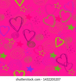 
Seamless background: hearts, stars and other doodles on a pink background
