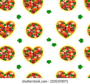 Seamless background with heart-shaped pizza with cheese and sausage. Round pizza margarita, pepperoni, Italian cuisine, restaurant. Cooking. Greens for salad. Greeting card, Valentine's Day