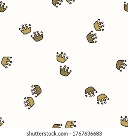 Seamless background herbivore dinosaur foot gender neutral baby pattern. Simple whimsical minimal earthy 2 tone color. Kids nursery wallpaper or boho cartoon animal fashion all over print.