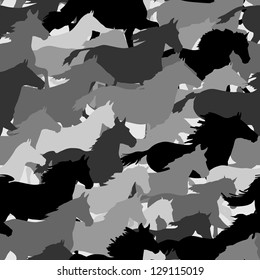 Seamless background: herd of horses skipping in black and white.