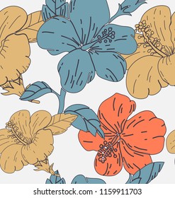 Seamless background with  hibicus flowers illustration.