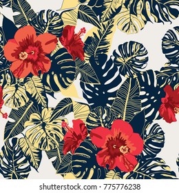 seamless background with hibiscus and tropical leaf
