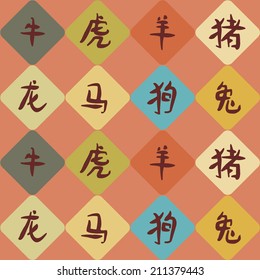 seamless background with hieroglyphs that mean signs of the Chinese Zodiac for your design