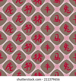 seamless background with hieroglyphs that mean signs of the Chinese Zodiac for your design