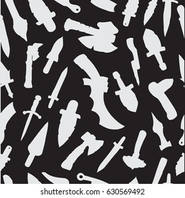 Seamless background with historical arms, objects in cartoon hand drawn style. Monochrome Vector objects on game weapon theme