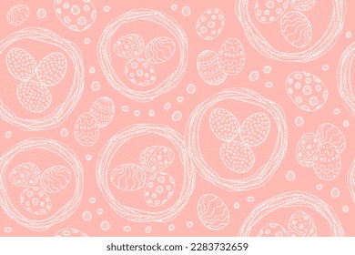 Seamless background for the holiday of Easter. Eggs in nests, white vector illustration on a pink background. Easter background with decorated eggs