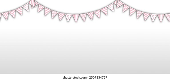 seamless background holiday flags, vector illustration of several streamers with flags en soft pink tones, layered garlands. isolated. design element for cards, greetings, header for the website