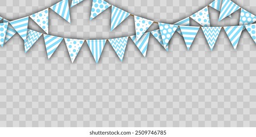 seamless background holiday flags, vector illustration of several streamers with flags en blue tones, layered garlands. isolated. design element for cards, greetings, header for the website