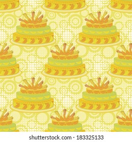 Seamless background, holiday pie decorated with oranges, lemons and wafers and abstract pattern. Vector