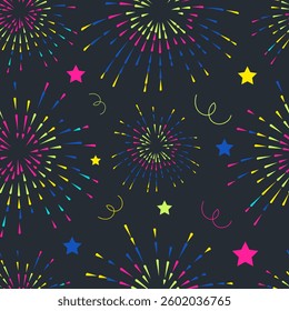 Seamless background for holidays, festivals, parties, invitations. Festive, colorful wallpaper with fireworks, stars and confetti on a dark blue background.