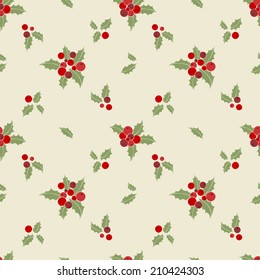 Seamless background with  holly berries. Celebration christmas pattern. Vector illustration.