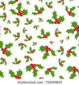 Seamless background with holly berries. Celebration christmas pattern. Vector illustration.