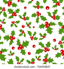 Seamless background with holly berries. Celebration christmas pattern. Vector illustration.
