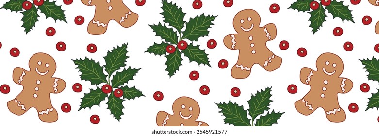 Seamless background with holly branch, berries and gingerbread man. Vector illustration.