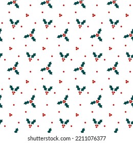 Seamless background with holly leafs with berries on white. Wrapping paper print, pattern
