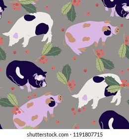 seamless background with  holly and pig