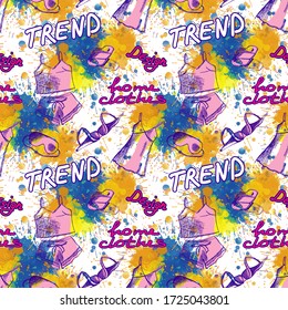 Seamless background with home women's clothing and lettering, carelessly drawn, Doodle. Drawing of fashionable home linen. The vector object