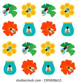 Seamless background with honey on white. Vector illustration of beekeeping symbols