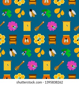 Seamless background with honey. Vector illustration of texture with beekeeping symbols.