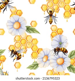 Seamless background with honeycombs, bees and white flowers. Summer texture for fabric, wallpaper, paper, etc.