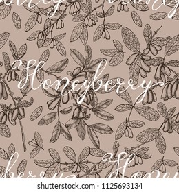 Seamless background with honeysuckle branches with leaves, berries and lettering. Vintage nature concept, hand drawn vector illustration with engraved design elements