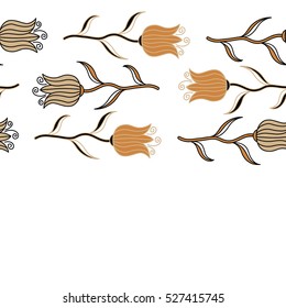 Seamless background in horizontal beige, orange and black tulips. Vector seamless background with colored spots and holes.