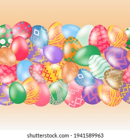 Seamless background in horizontal direction with colorful Easter eggs. Festive cute pattern on a light brown background. Vector illustration.