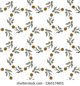 Seamless background with horizontal orange flowers and green branches. Endless pattern on white background. 
