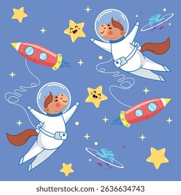 seamless background, horse in space, astronaut, galaxy, zero gravity, spacesuit, stars, planets, rocket, case, horse, background, pattern, background image, print, print for fabric, fabric