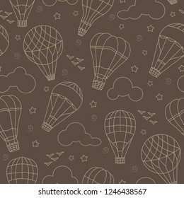 Seamless background with  hot air balloons , clouds, birds and stars on a brown  background 