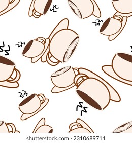 seamless background with hot coffee in cups cartoon repeat pattern, replete image design for fabric printing or cafe wallpaper  coffeeshop wall