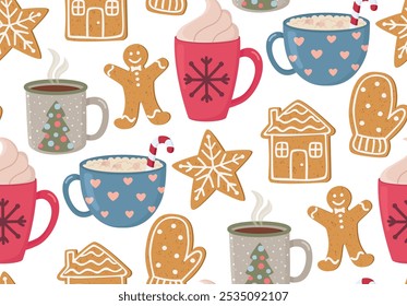 Seamless background with hot drinks and gingerbread cookies. Cute pattern with christmas cups and sweets	