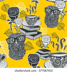 Seamless background with hot tea and clever owls. Funny repeating pattern in black and white colors.