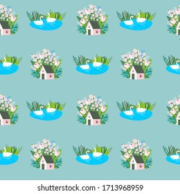 Seamless background with a house and a blooming garden and a lake with swans. Vector illustration for textile backgrounds and covers.