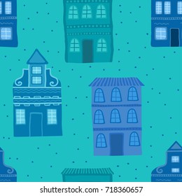 Seamless background with houses. Perfect as background for greeting cards, textile,  business cards, covers, and more. Winter pattern