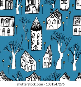 Seamless background of houses and trees in an old town