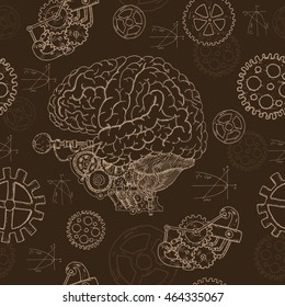 Seamless background with human brain, old mechanism and cogs.  Hand drawn repeated background with human body and mechanical parts