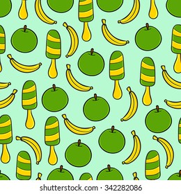 Seamless background with ice cream, apples and bananas