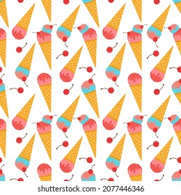 Seamless background with ice cream and cherries. Hand drawn ice cream seamless pattern. Texture for fabric, packaging, wallpaper. Decorative print. Vector illustration.