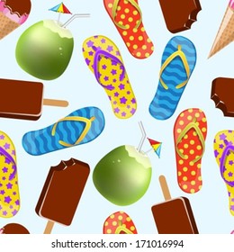 seamless background with ice cream, coconut and slippers on a light background