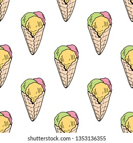 Seamless background with ice cream cone with three flavors. Endless pattern on white background. Vector image. Sweet food. 