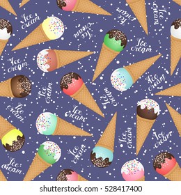 Seamless background of ice cream cones of different colors.
