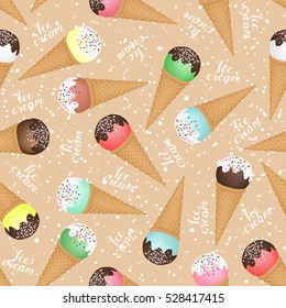 Seamless background of ice cream cones of different colors.