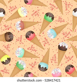 Seamless background of ice cream cones of different colors.