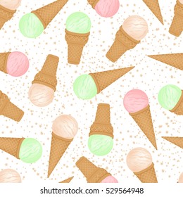 Seamless background of ice cream cones of different colors.